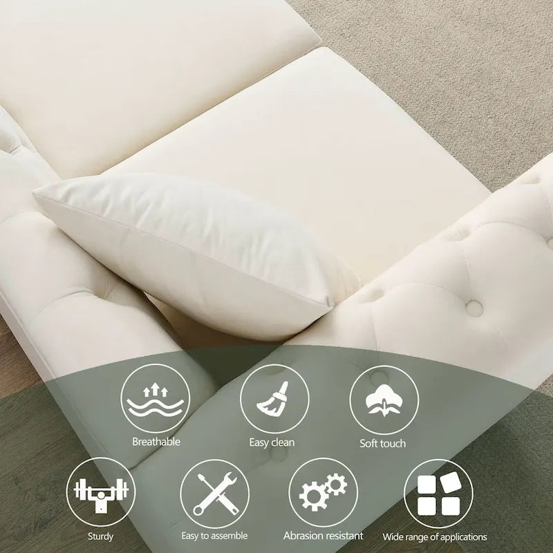 Canapé 3 places en velours beige avec accoudoirs enroulés et finition cloutée