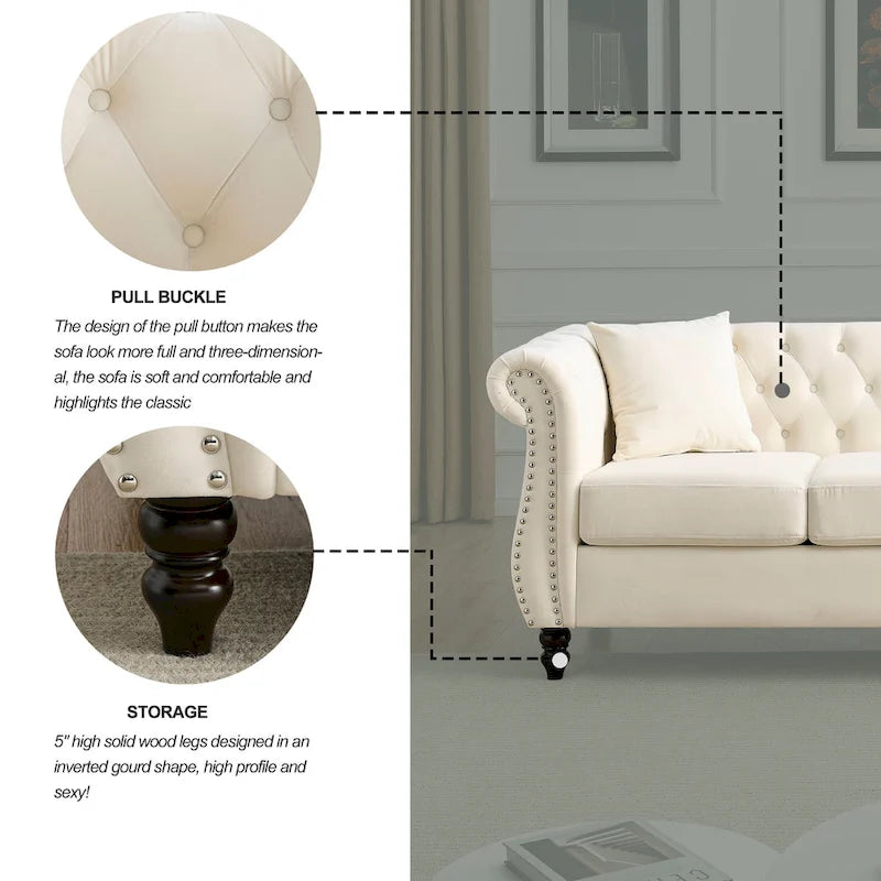 Canapé 3 places en velours beige avec accoudoirs enroulés et finition cloutée