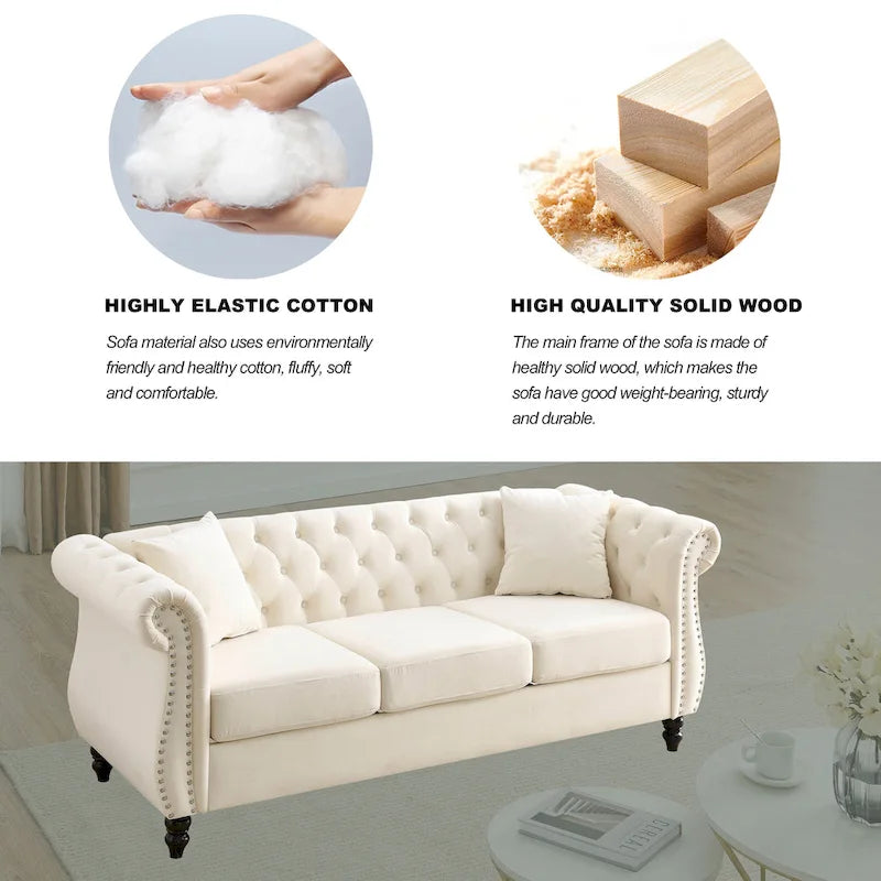 Canapé 3 places en velours beige avec accoudoirs enroulés et finition cloutée