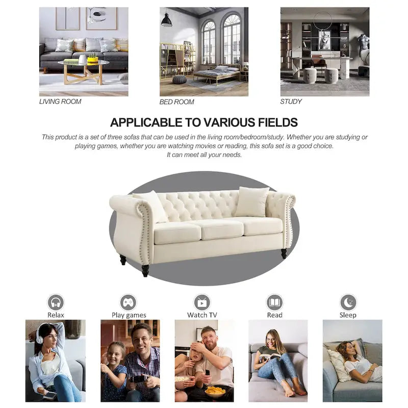 Canapé 3 places en velours beige avec accoudoirs enroulés et finition cloutée