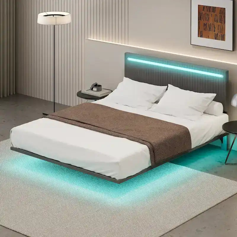 Cadre de lit King Size moderne avec lumières LED, télécommande pour différentes couleurs de lumière, lumières de capteur, aucun sommier tapissier requis