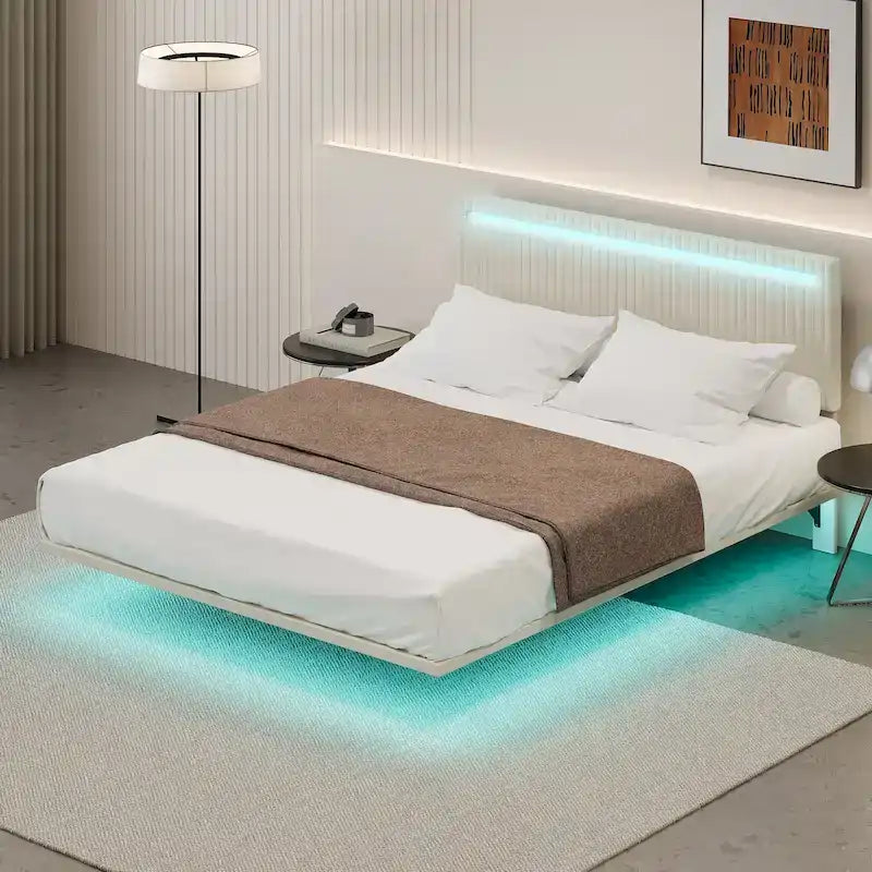Cadre de lit King Size moderne avec lumières LED, télécommande pour différentes couleurs de lumière, lumières de capteur, aucun sommier tapissier requis
