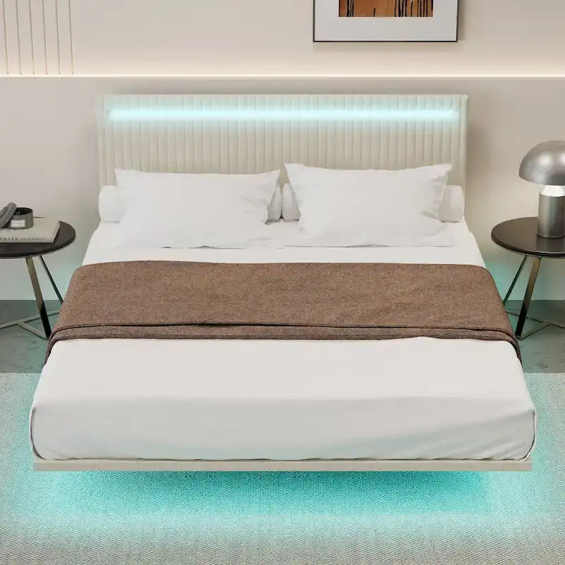 Cadre de lit King Size moderne avec lumières LED, télécommande pour différentes couleurs de lumière, lumières de capteur, aucun sommier tapissier requis