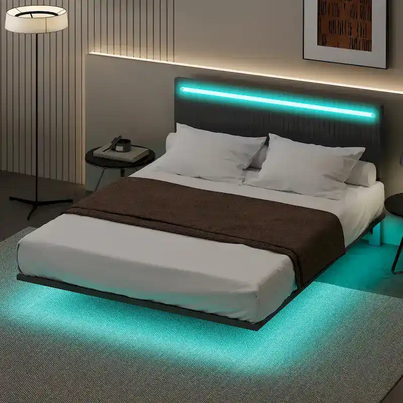 Cadre de lit King Size moderne avec lumières LED, télécommande pour différentes couleurs de lumière, lumières de capteur, aucun sommier tapissier requis