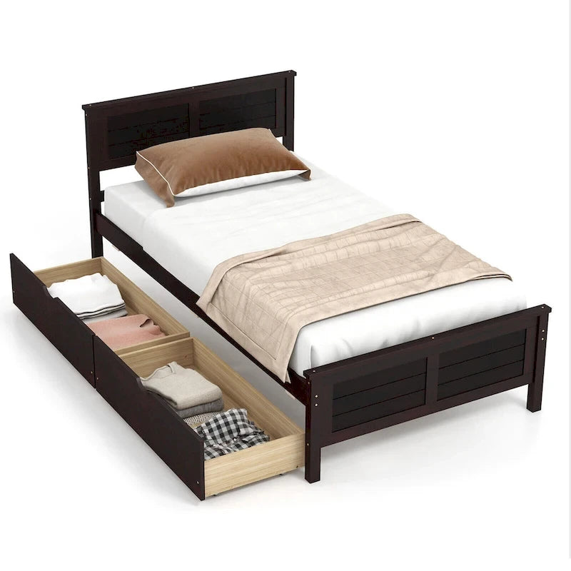 Cadre de lit en bois pour lit simple avec 2 tiroirs de rangement et espace sous le lit