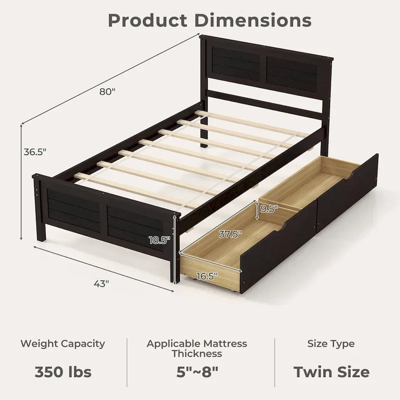 Cadre de lit en bois pour lit simple avec 2 tiroirs de rangement et espace sous le lit