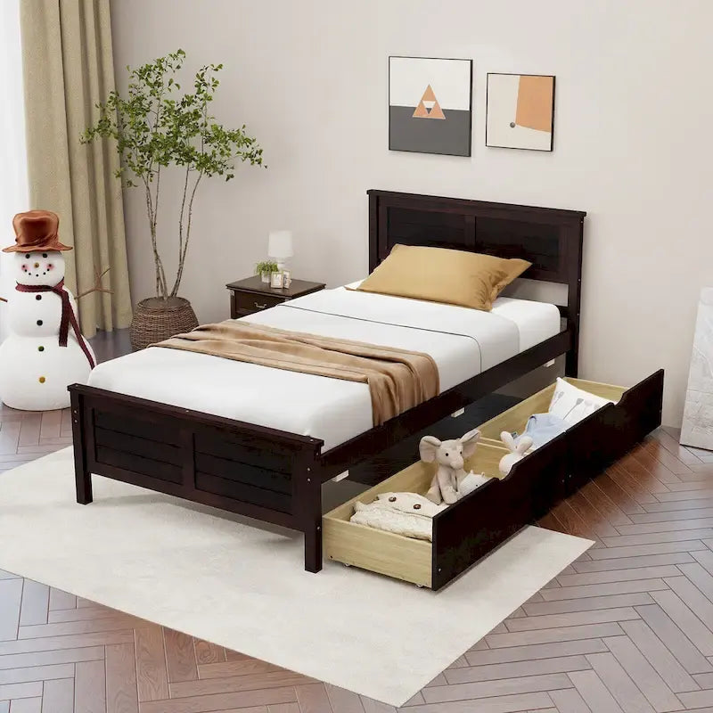 Cadre de lit en bois pour lit simple avec 2 tiroirs de rangement et espace sous le lit