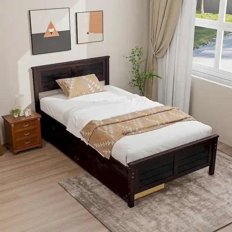 Cadre de lit en bois pour lit simple avec 2 tiroirs de rangement et espace sous le lit