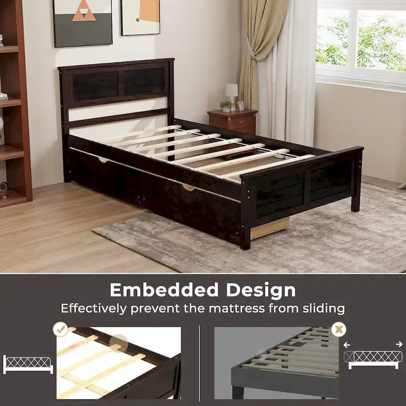 Cadre de lit en bois pour lit simple avec 2 tiroirs de rangement et espace sous le lit