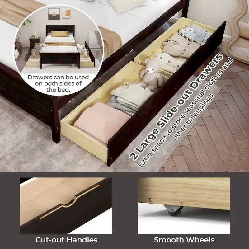 Cadre de lit en bois pour lit simple avec 2 tiroirs de rangement et espace sous le lit