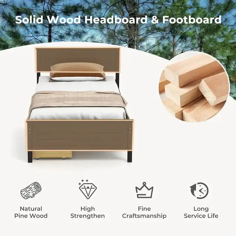 Cadre de lit en bois pour lit simple avec 2 tiroirs de rangement et espace sous le lit