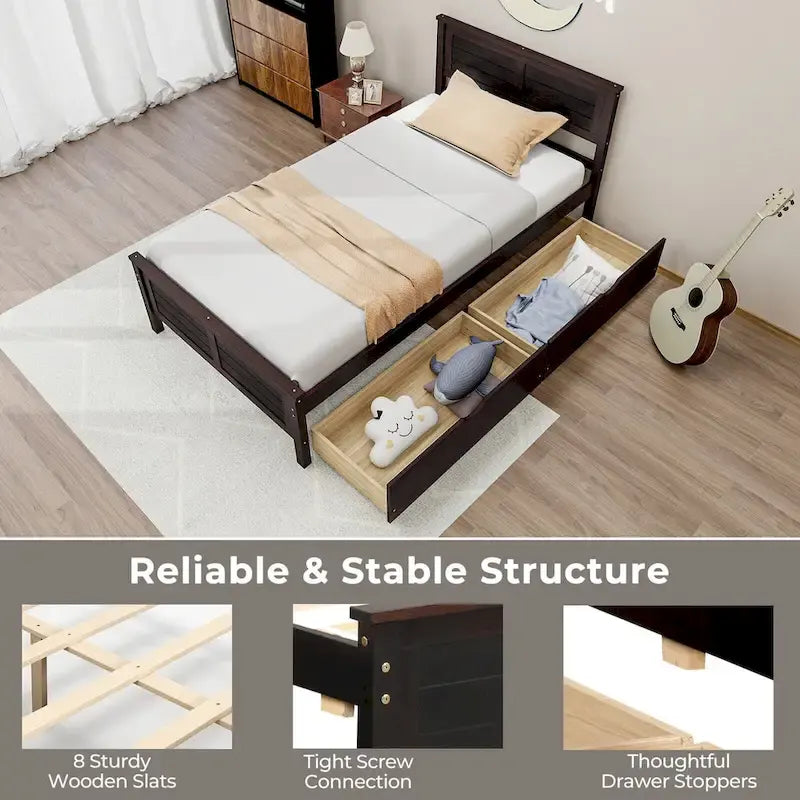 Cadre de lit en bois pour lit simple avec 2 tiroirs de rangement et espace sous le lit