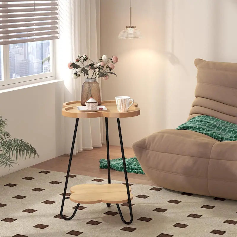 Table basse à double couche créative en forme de pétale, table d'appoint ronde avec espace de rangement multifonctionnel, pour salon