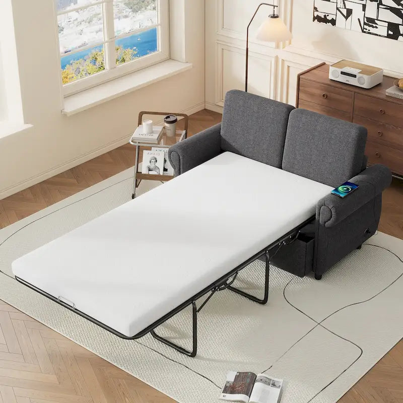 Canapé-lit gigogne de 147 cm avec matelas en mousse à mémoire de forme simple, deux ports de chargement USB