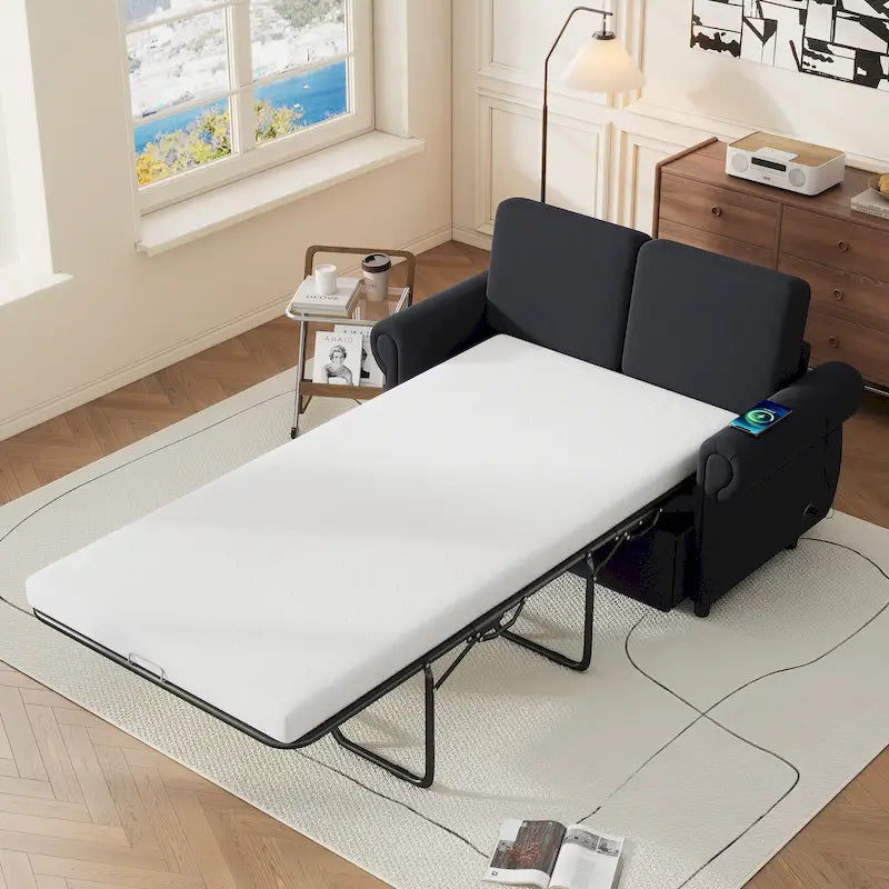 Canapé-lit gigogne de 147 cm avec matelas en mousse à mémoire de forme simple, deux ports de chargement USB