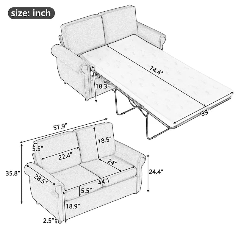 Canapé-lit gigogne de 147 cm avec matelas en mousse à mémoire de forme simple, deux ports de chargement USB