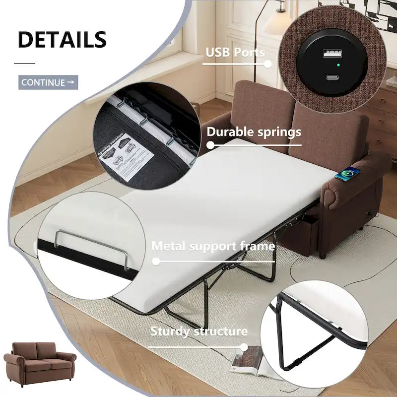 Canapé-lit gigogne de 147 cm avec matelas en mousse à mémoire de forme simple, deux ports de chargement USB