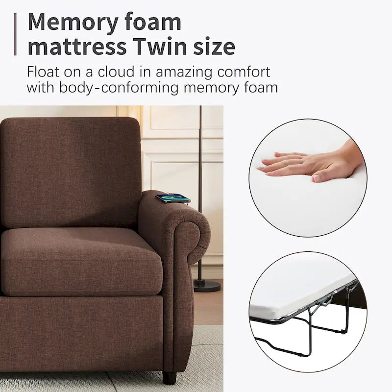 Canapé-lit gigogne de 147 cm avec matelas en mousse à mémoire de forme simple, deux ports de chargement USB