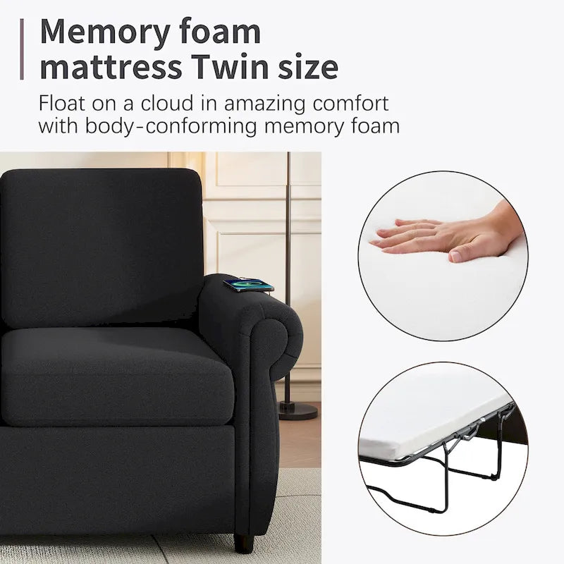 Canapé-lit gigogne de 147 cm avec matelas en mousse à mémoire de forme simple, deux ports de chargement USB