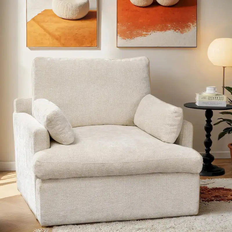 Fauteuil une place et demie en chenille, grand format, largeur 105,4 cm, garnissage en duvet