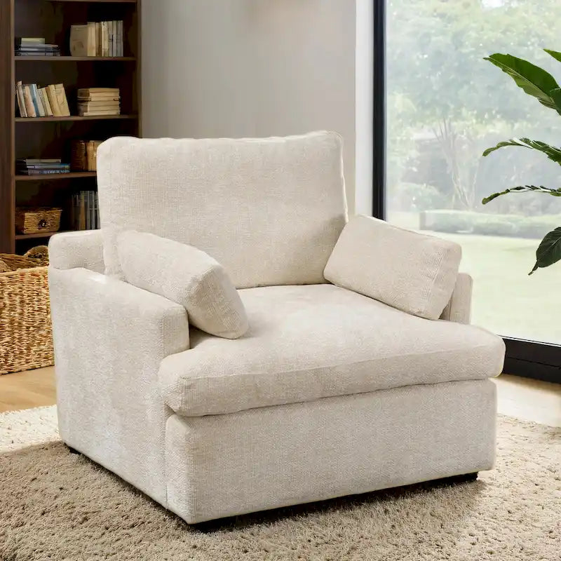 Fauteuil une place et demie en chenille, grand format, largeur 105,4 cm, garnissage en duvet