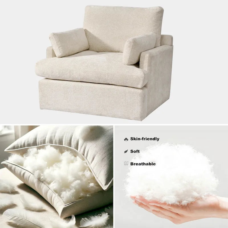 Fauteuil une place et demie en chenille, grand format, largeur 105,4 cm, garnissage en duvet