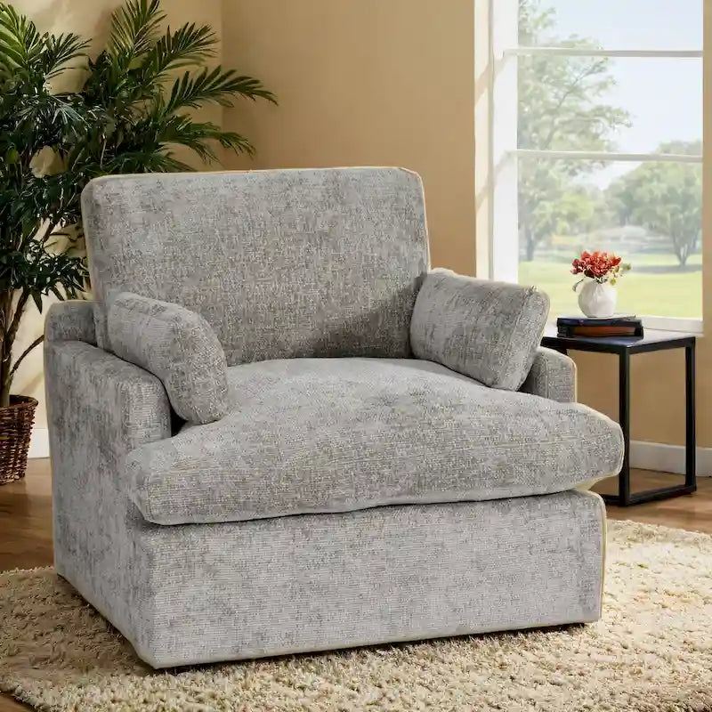 Fauteuil une place et demie en chenille, grand format, largeur 105,4 cm, garnissage en duvet
