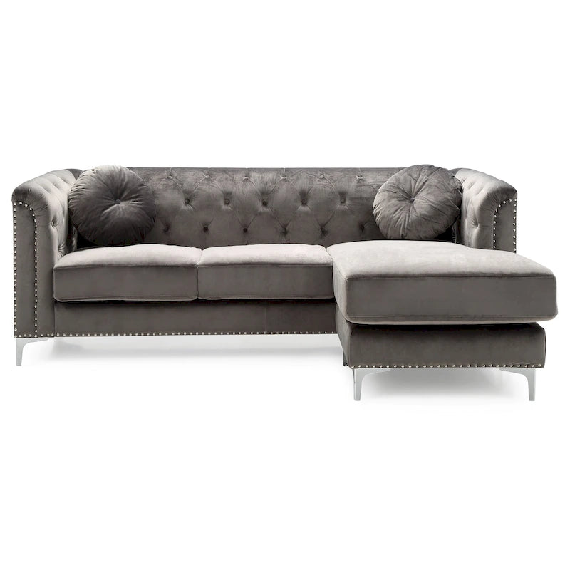 Sectionnel capitonné en velours de 83 po avec 2 coussins décoratifs – 83L x 58W x 31H