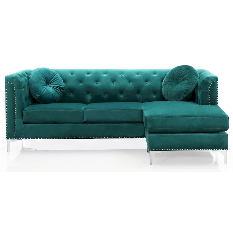 Sectionnel capitonné en velours de 83 po avec 2 coussins décoratifs – 83L x 58W x 31H