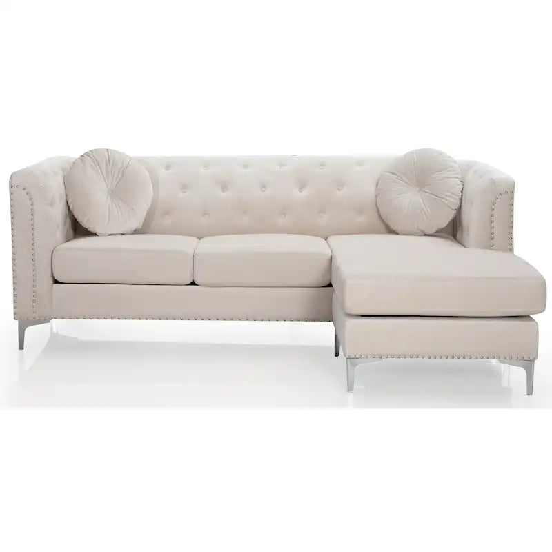 Sectionnel capitonné en velours de 83 po avec 2 coussins décoratifs – 83L x 58W x 31H
