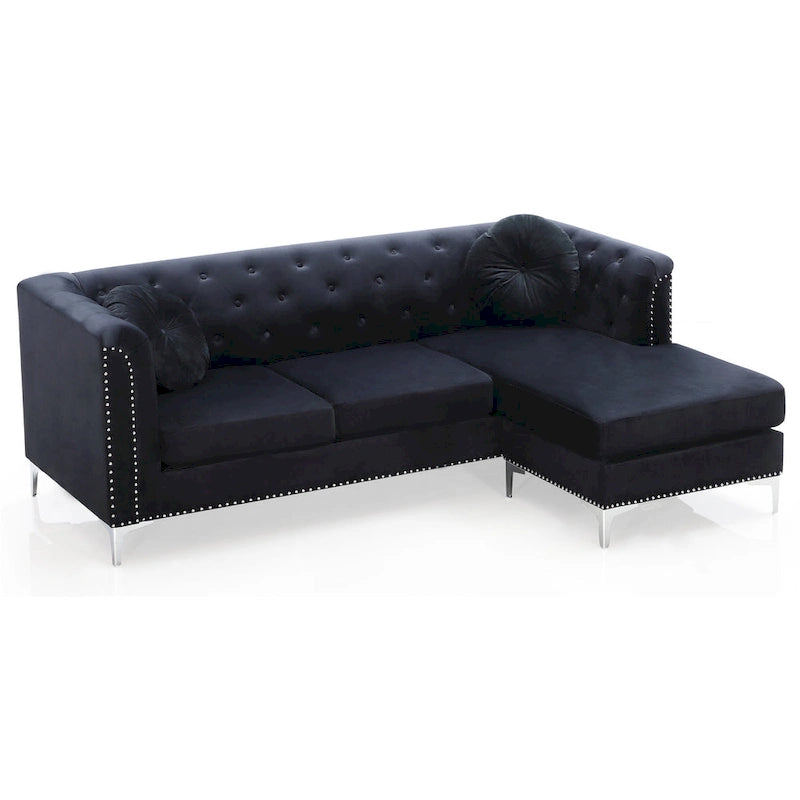 Sectionnel capitonné en velours de 83 po avec 2 coussins décoratifs – 83L x 58W x 31H