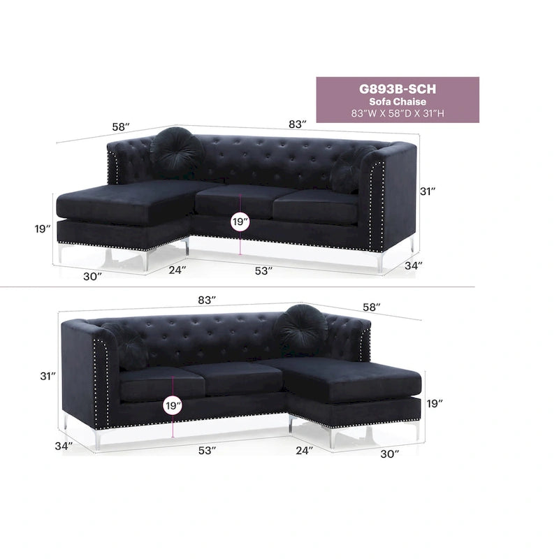 Sectionnel capitonné en velours de 83 po avec 2 coussins décoratifs – 83L x 58W x 31H