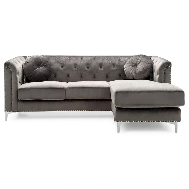 Sectionnel capitonné en velours de 83 po avec 2 coussins décoratifs – 83L x 58W x 31H