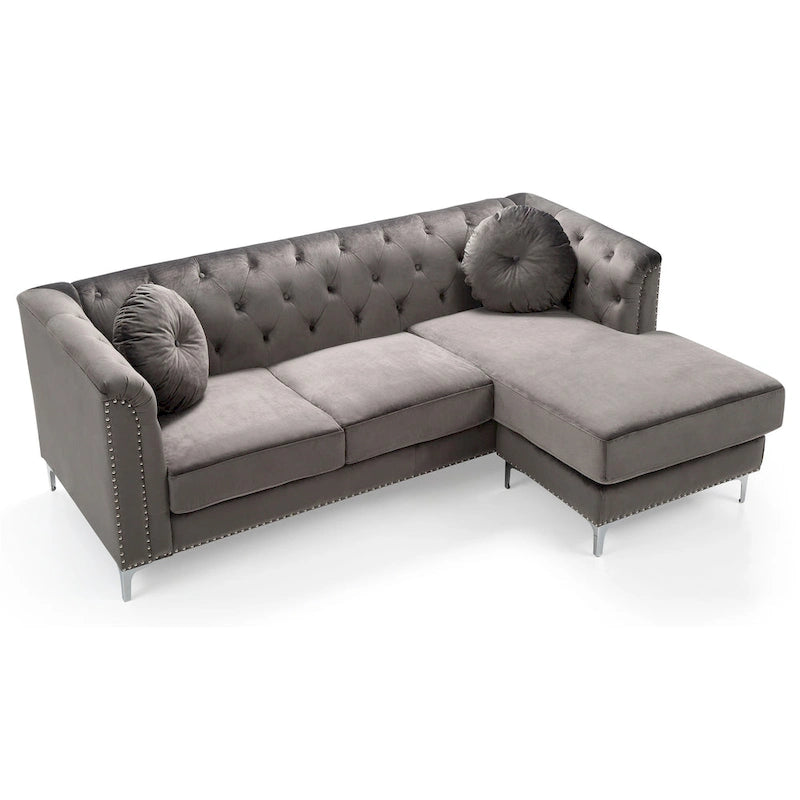 Sectionnel capitonné en velours de 83 po avec 2 coussins décoratifs – 83L x 58W x 31H
