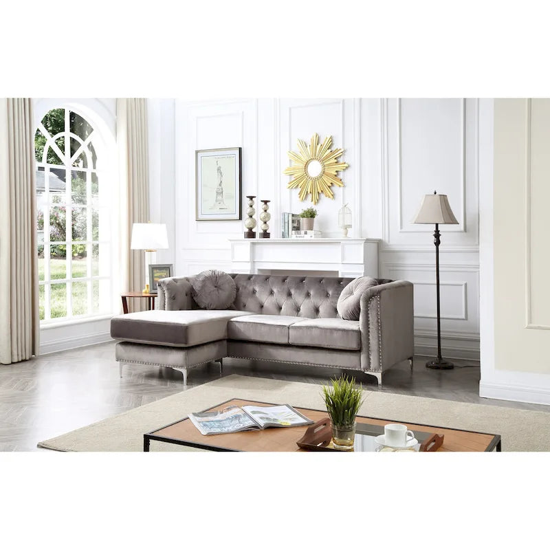 Sectionnel capitonné en velours de 83 po avec 2 coussins décoratifs – 83L x 58W x 31H