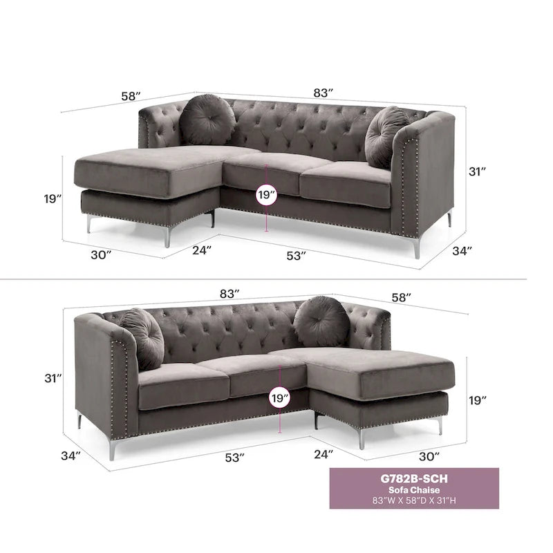 Sectionnel capitonné en velours de 83 po avec 2 coussins décoratifs – 83L x 58W x 31H