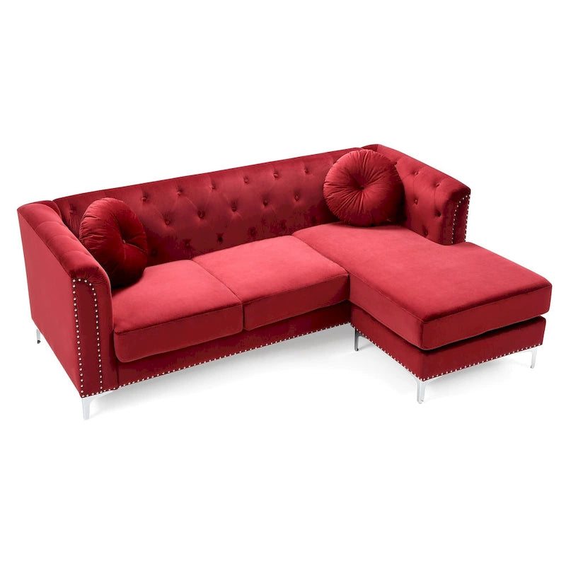 Sectionnel capitonné en velours de 83 po avec 2 coussins décoratifs – 83L x 58W x 31H