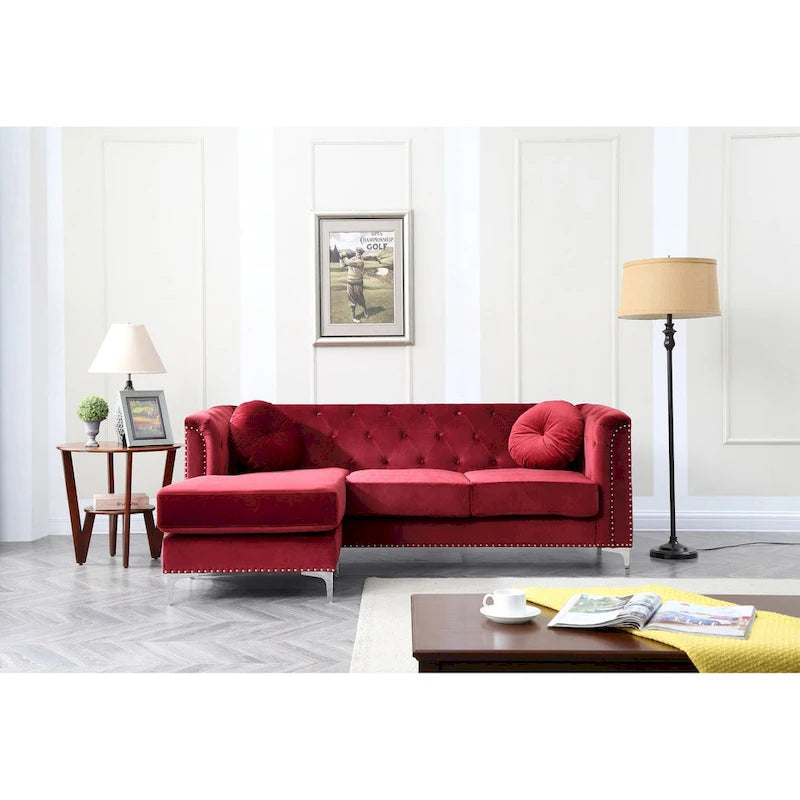 Sectionnel capitonné en velours de 83 po avec 2 coussins décoratifs – 83L x 58W x 31H