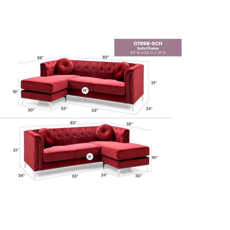 Sectionnel capitonné en velours de 83 po avec 2 coussins décoratifs – 83L x 58W x 31H