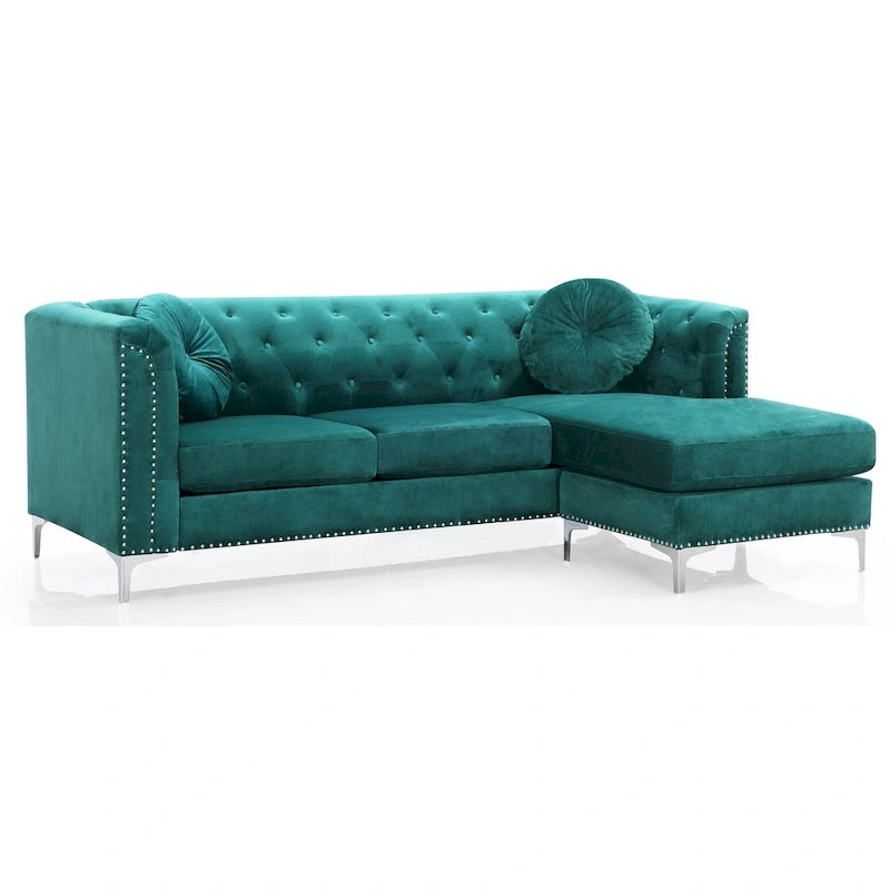 Sectionnel capitonné en velours de 83 po avec 2 coussins décoratifs – 83L x 58W x 31H