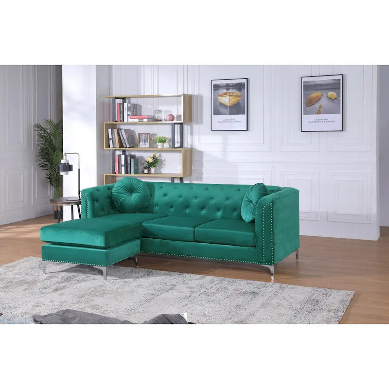 Sectionnel capitonné en velours de 83 po avec 2 coussins décoratifs – 83L x 58W x 31H