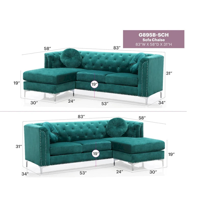 Sectionnel capitonné en velours de 83 po avec 2 coussins décoratifs – 83L x 58W x 31H