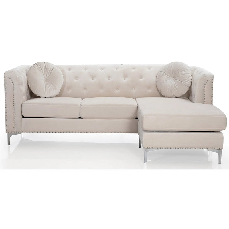 Sectionnel capitonné en velours de 83 po avec 2 coussins décoratifs – 83L x 58W x 31H