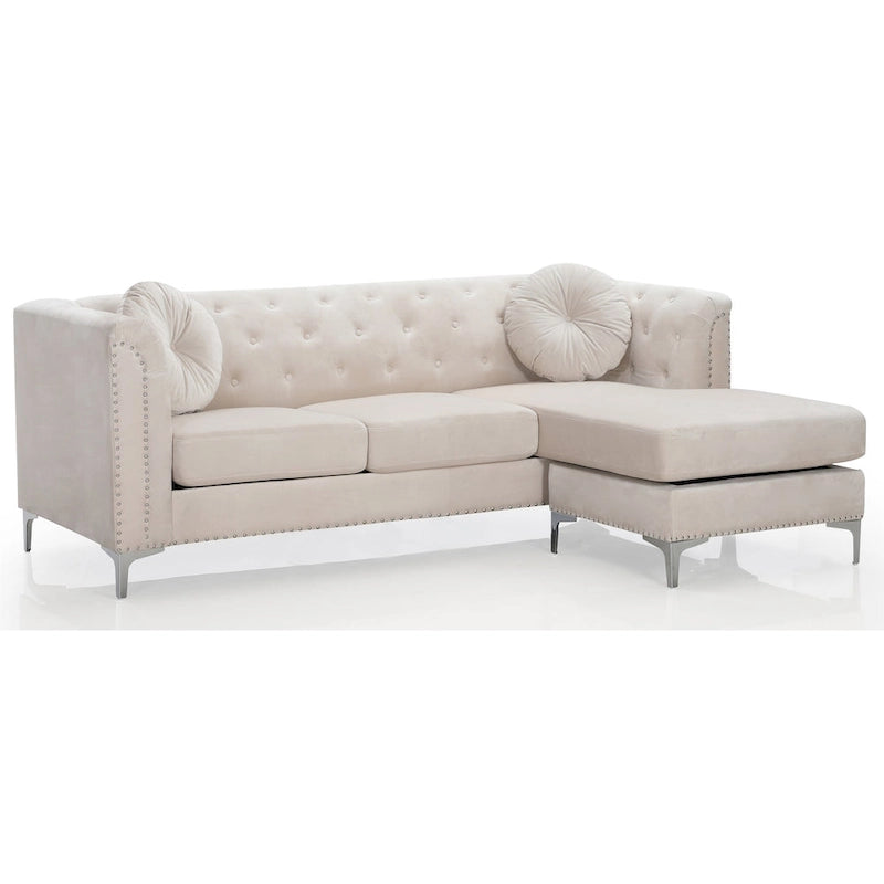 Sectionnel capitonné en velours de 83 po avec 2 coussins décoratifs – 83L x 58W x 31H
