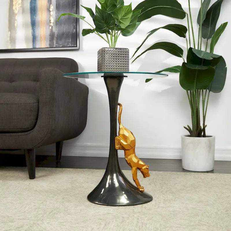 Table d'appoint léopard en aluminium avec accent léopard doré et plateau en verre trempé - Noir - Roche River Decor