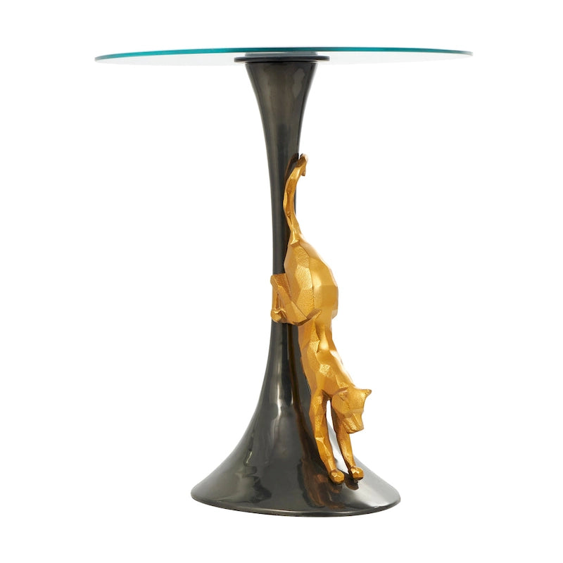 Table d'appoint léopard en aluminium avec accent léopard doré et plateau en verre trempé - Noir - Roche River Decor