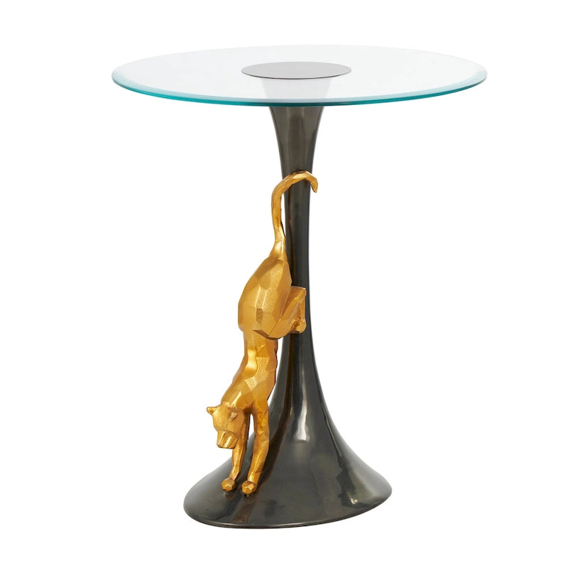 Table d'appoint léopard en aluminium avec accent léopard doré et plateau en verre trempé - Noir - Roche River Decor
