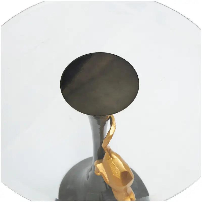 Table d'appoint léopard en aluminium avec accent léopard doré et plateau en verre trempé - Noir - Roche River Decor