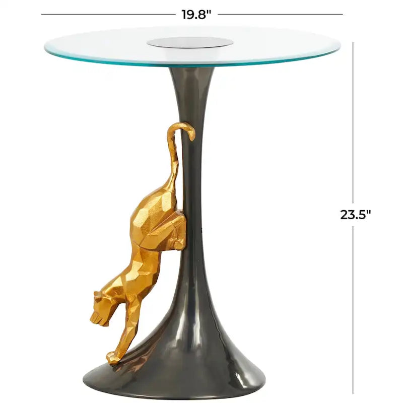 Table d'appoint léopard en aluminium avec accent léopard doré et plateau en verre trempé - Noir - Roche River Decor