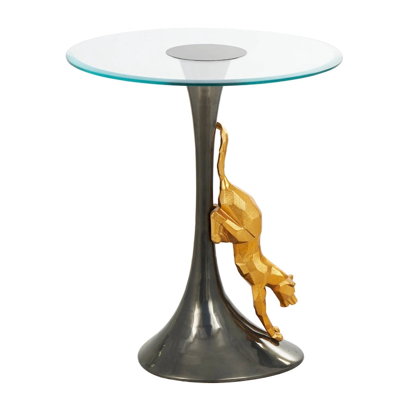 Table d'appoint léopard en aluminium avec accent léopard doré et plateau en verre trempé - Noir - Roche River Decor